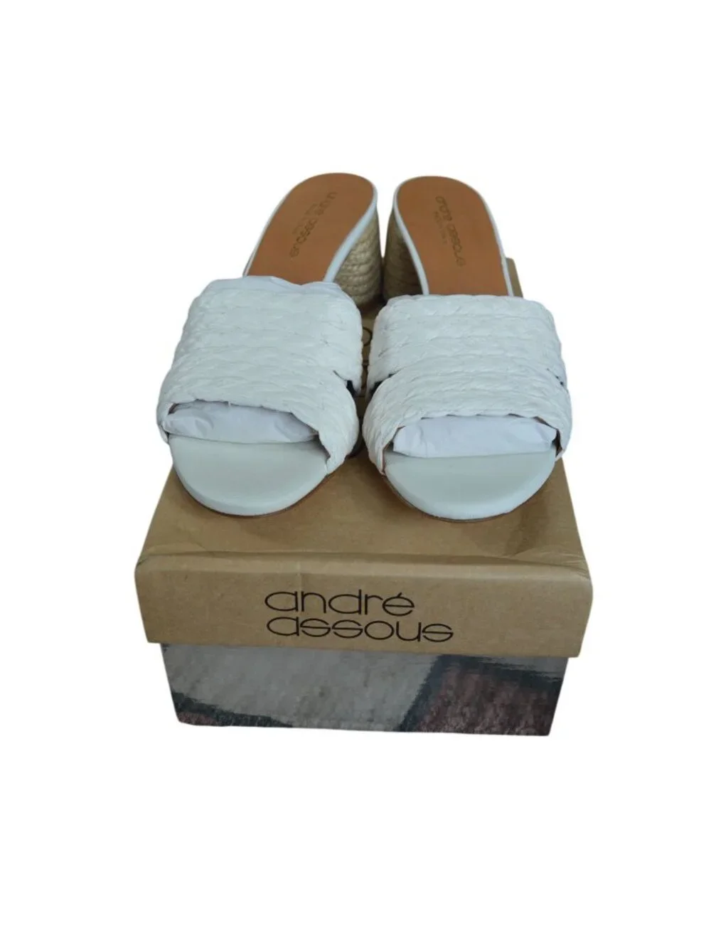 New Andre Assous Cadyn Slip On Sandals White Raffia Espadrilles Women's Size 8.5